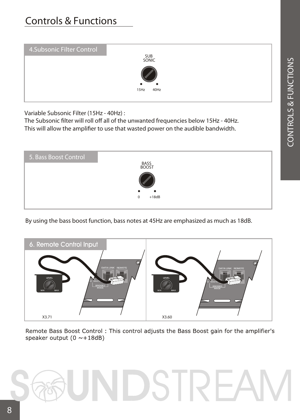 Вк 10, Controls & functions, Cont rols & functions | Bass boost control 4.subsonic filter control | Soundstream Technologies X3.71 User Manual | Page 10 / 23
