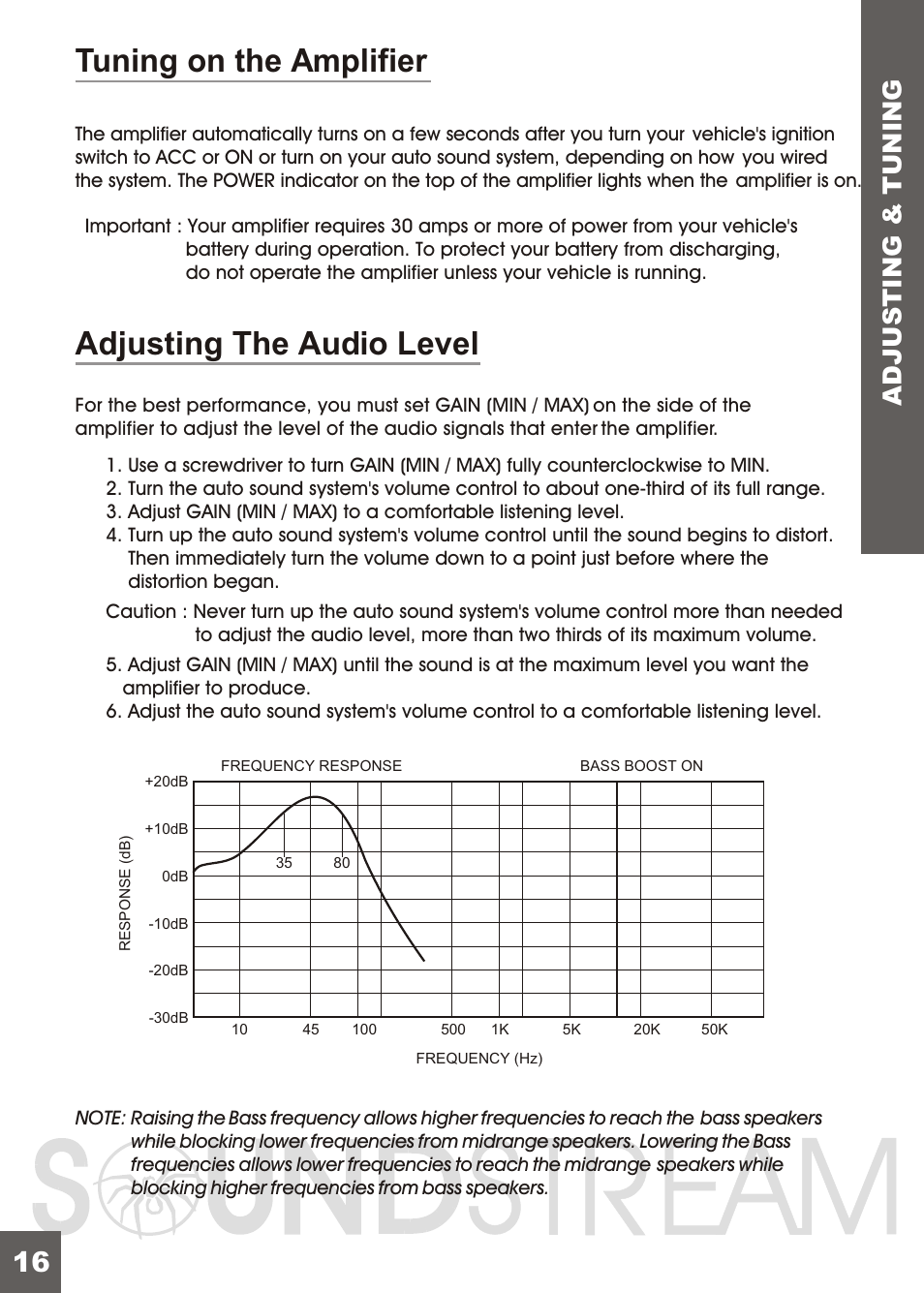 Вк 18, Tuning on the amplifier adjusting the audio level, Adjusting & tuning | Soundstream Technologies X3.71 User Manual | Page 18 / 23
