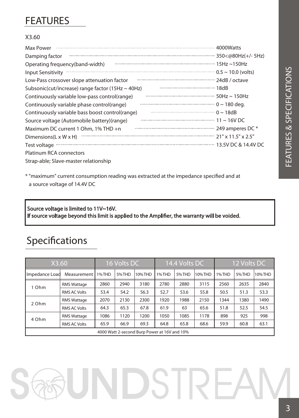 Вк 5, Features specifications, Fe atures & specific ations | X3.60 | Soundstream Technologies X3.71 User Manual | Page 5 / 23
