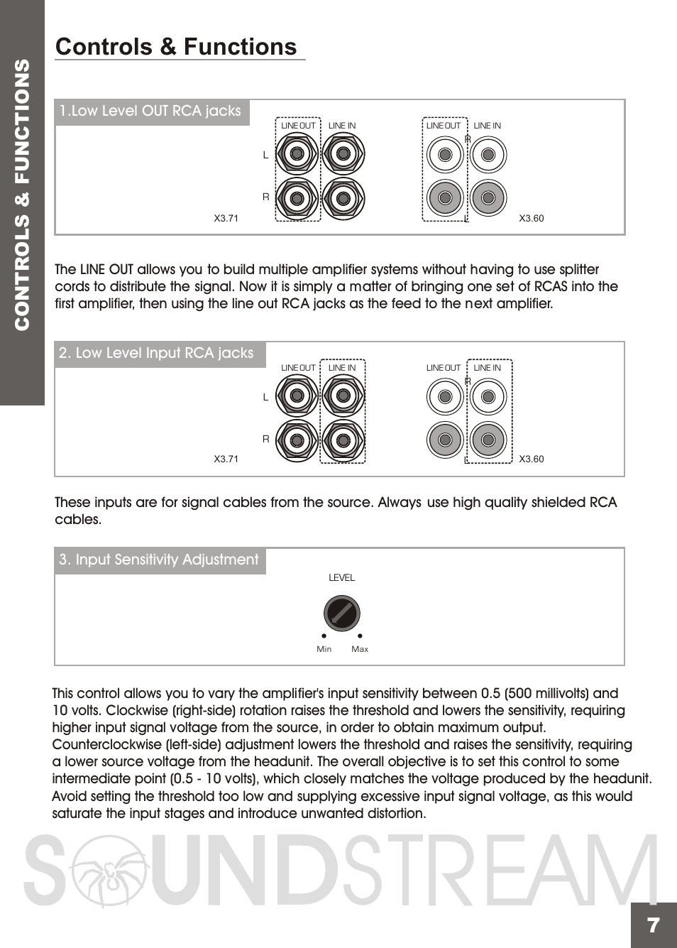 Вк 9, Controls & functions, Contr ols & functions | Input sensitivity adjustment | Soundstream Technologies X3.71 User Manual | Page 9 / 23
