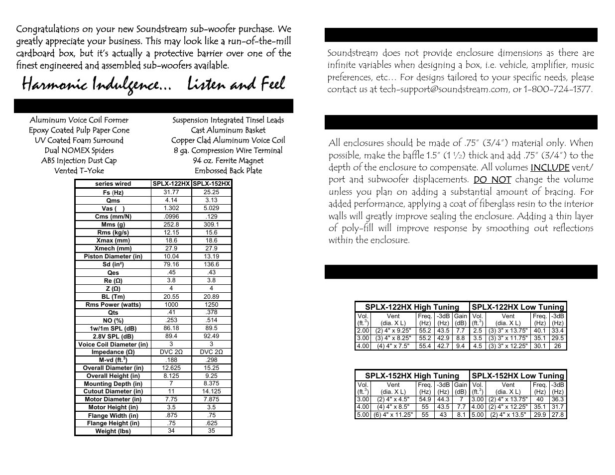 Harmonic indulgence… listen and feel, Features, parameters, & dimensions, Enclosure dimensions | Enclosure construction enclosure recommendations | Soundstream Technologies 122-152 User Manual | Page 2 / 2