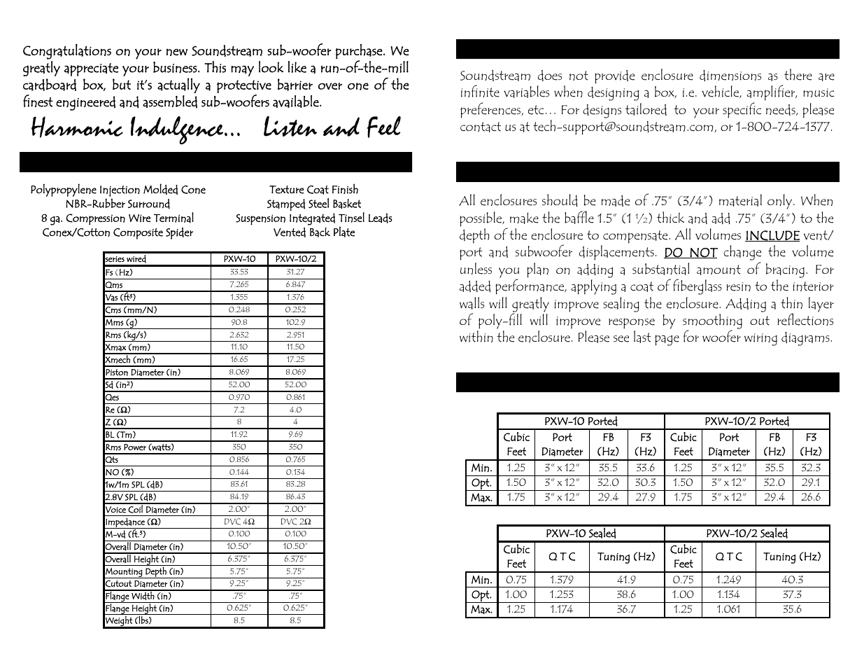 Harmonic indulgence… listen and feel, Features, parameters, & dimensions, Enclosure dimensions | Enclosure construction enclosure recommendations | Soundstream Technologies PXW-10/2 User Manual | Page 2 / 2