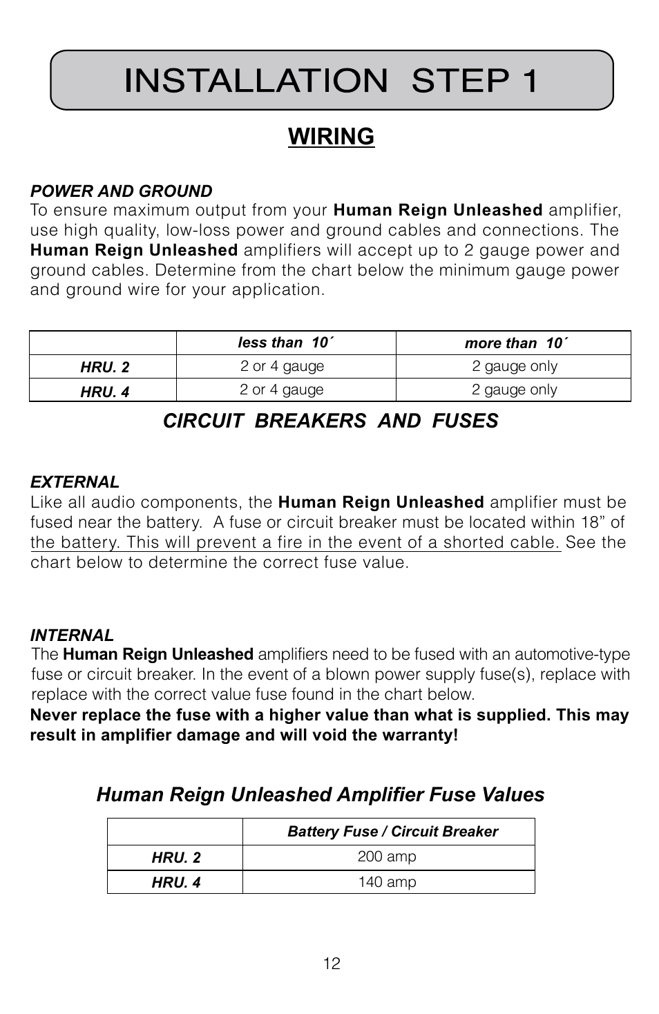 Wiring, Circuit breakers and fuses, Human reign unleashed amplifier fuse values | Soundstream Technologies HRU. 2 User Manual | Page 12 / 17