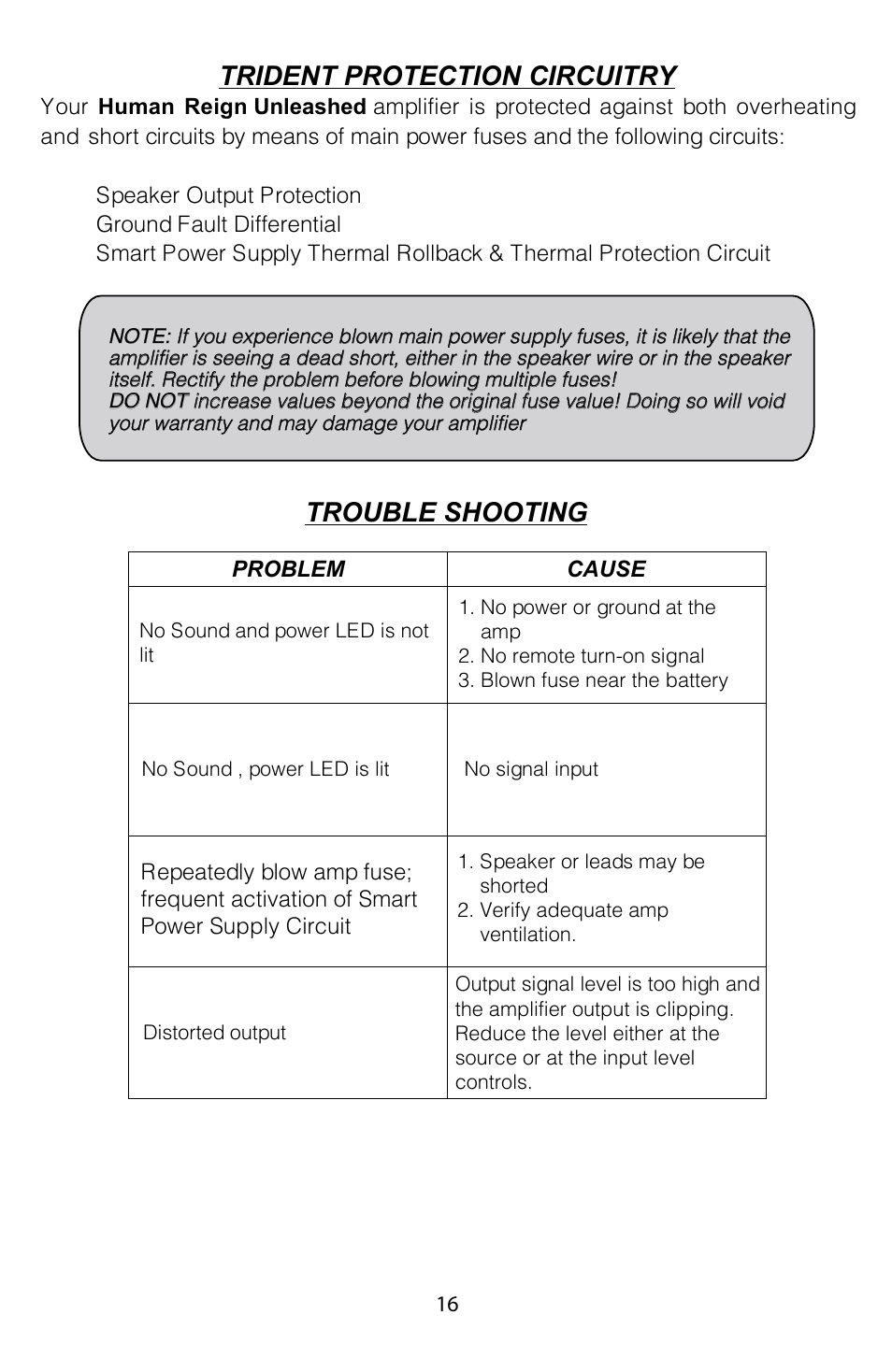 Trident protection circuitry, Trouble shooting | Soundstream Technologies HRU. 2 User Manual | Page 16 / 17