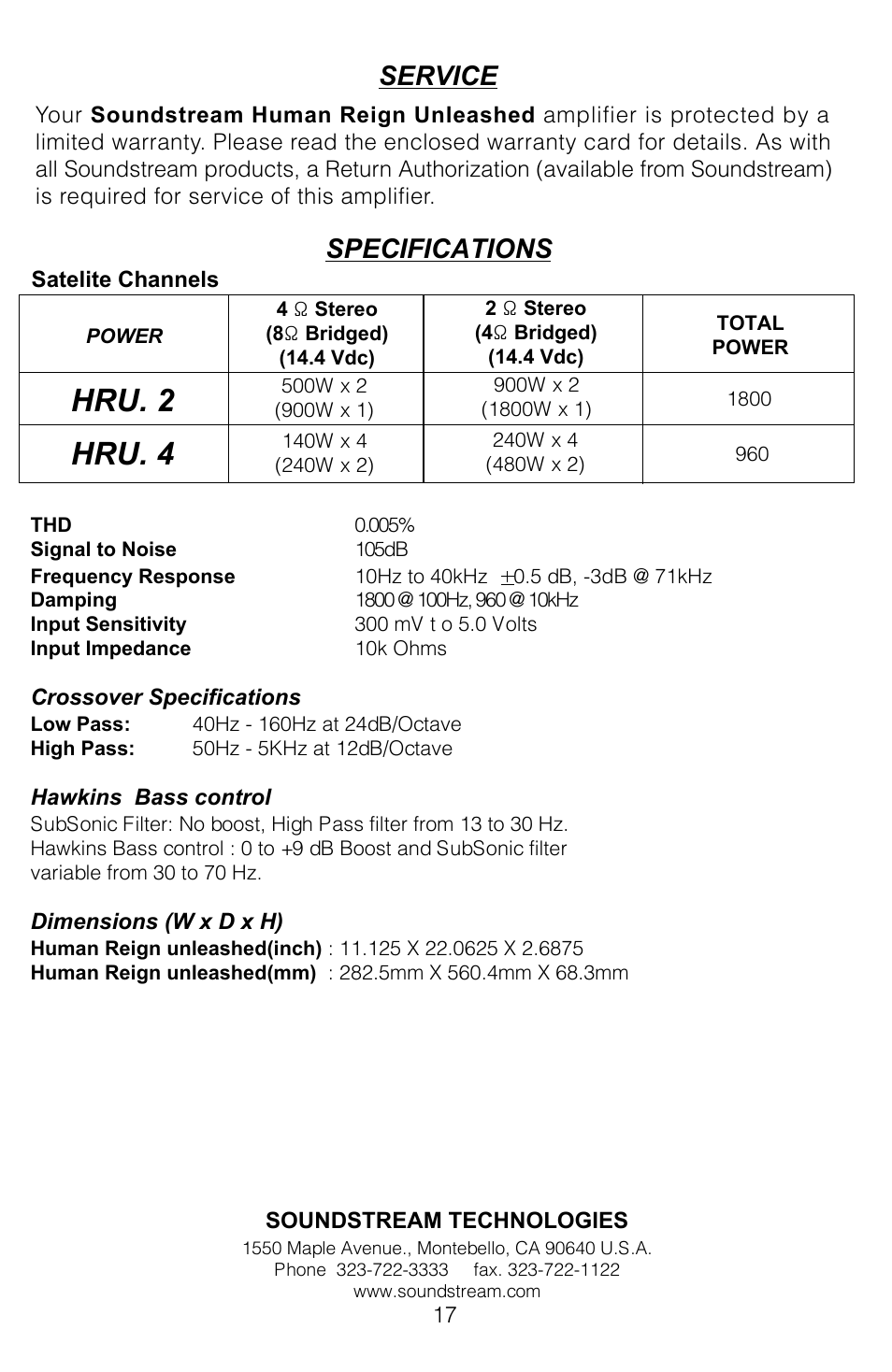 Hru. 2 hru. 4, Service specifications | Soundstream Technologies HRU. 2 User Manual | Page 17 / 17