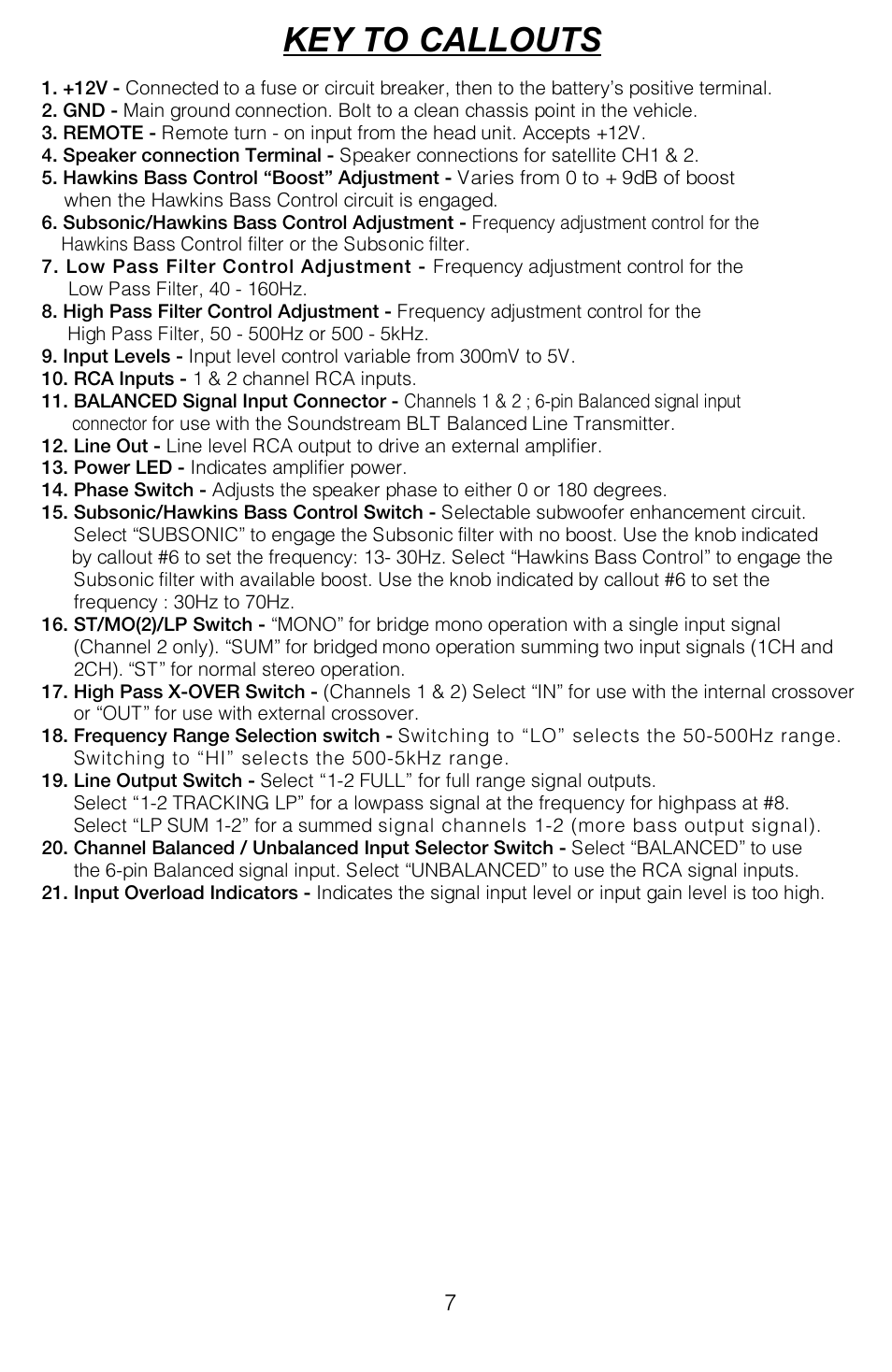 Key to callouts | Soundstream Technologies HRU. 2 User Manual | Page 7 / 17