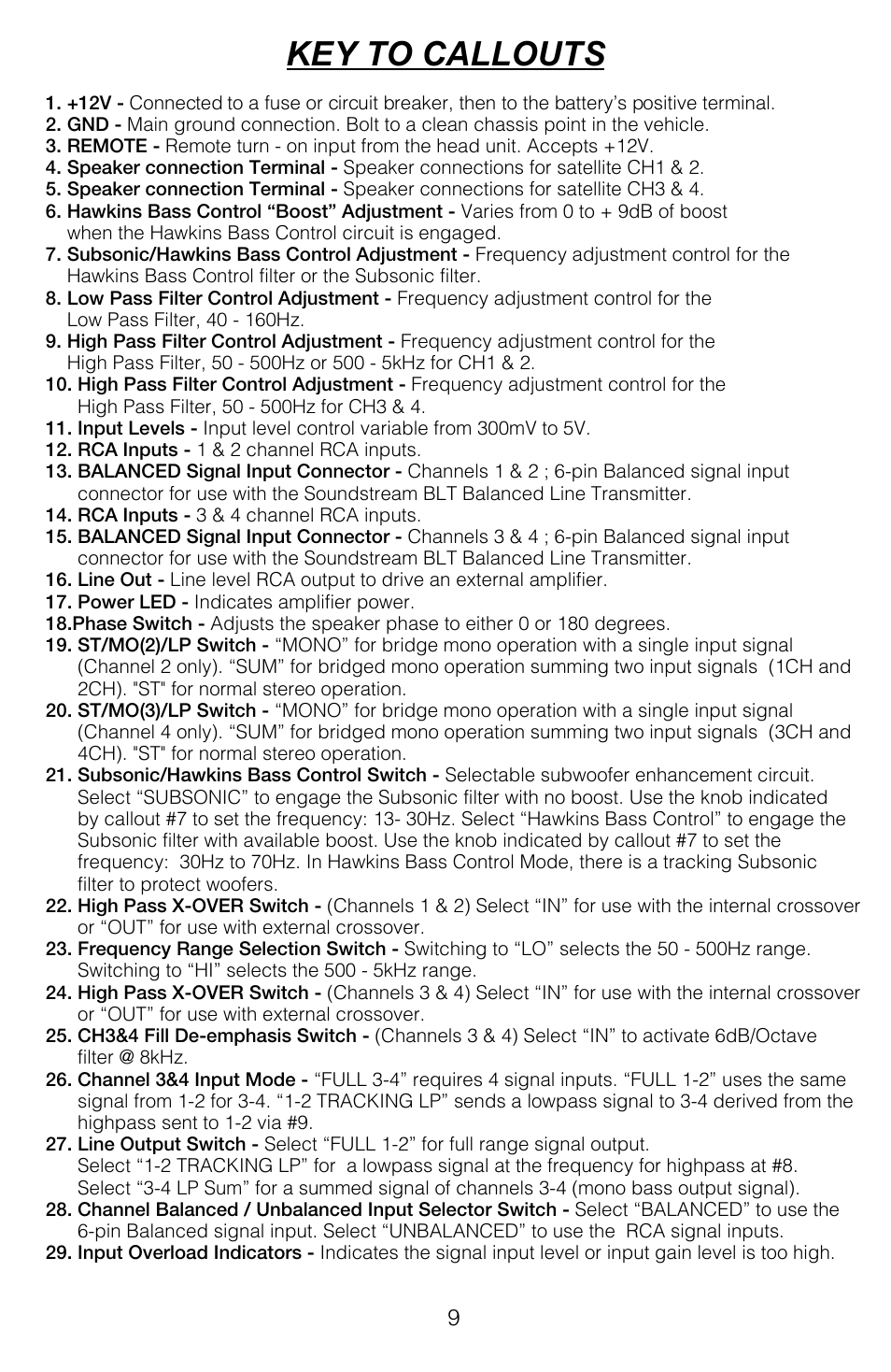 Key to callouts | Soundstream Technologies HRU. 2 User Manual | Page 9 / 17