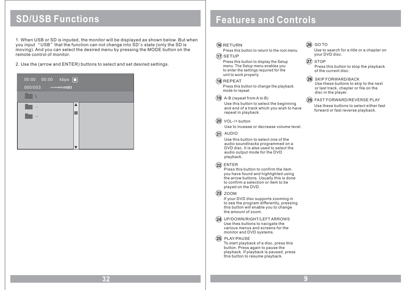 Features and controls sd/usb functions | Soundstream Technologies VCM-11DXX User Manual | Page 9 / 20