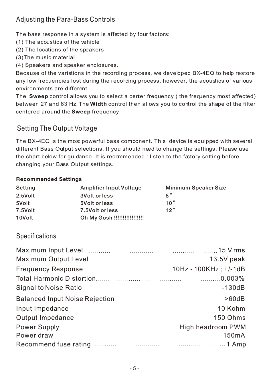 Specifications, Adjusting the para-bass controls, Setting the output voltage | Soundstream Technologies BX-4EQ User Manual | Page 6 / 7