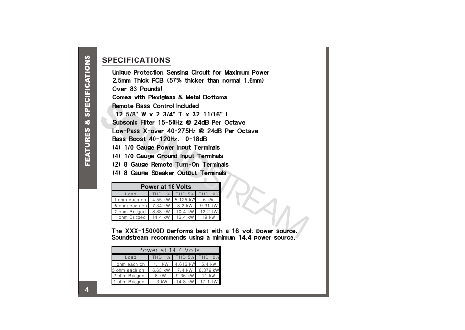 Specifications, Specifications 4 | Soundstream Technologies XXX-15000D User Manual | Page 5 / 13