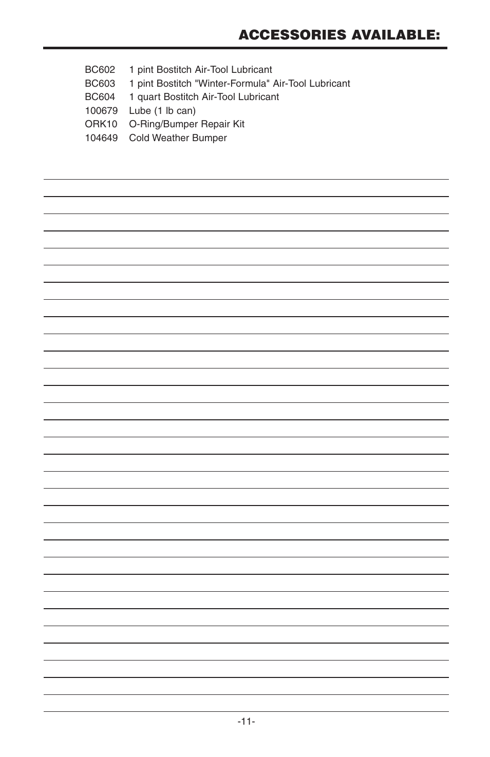 Accessories available | Bostitch PC5000 User Manual | Page 11 / 32
