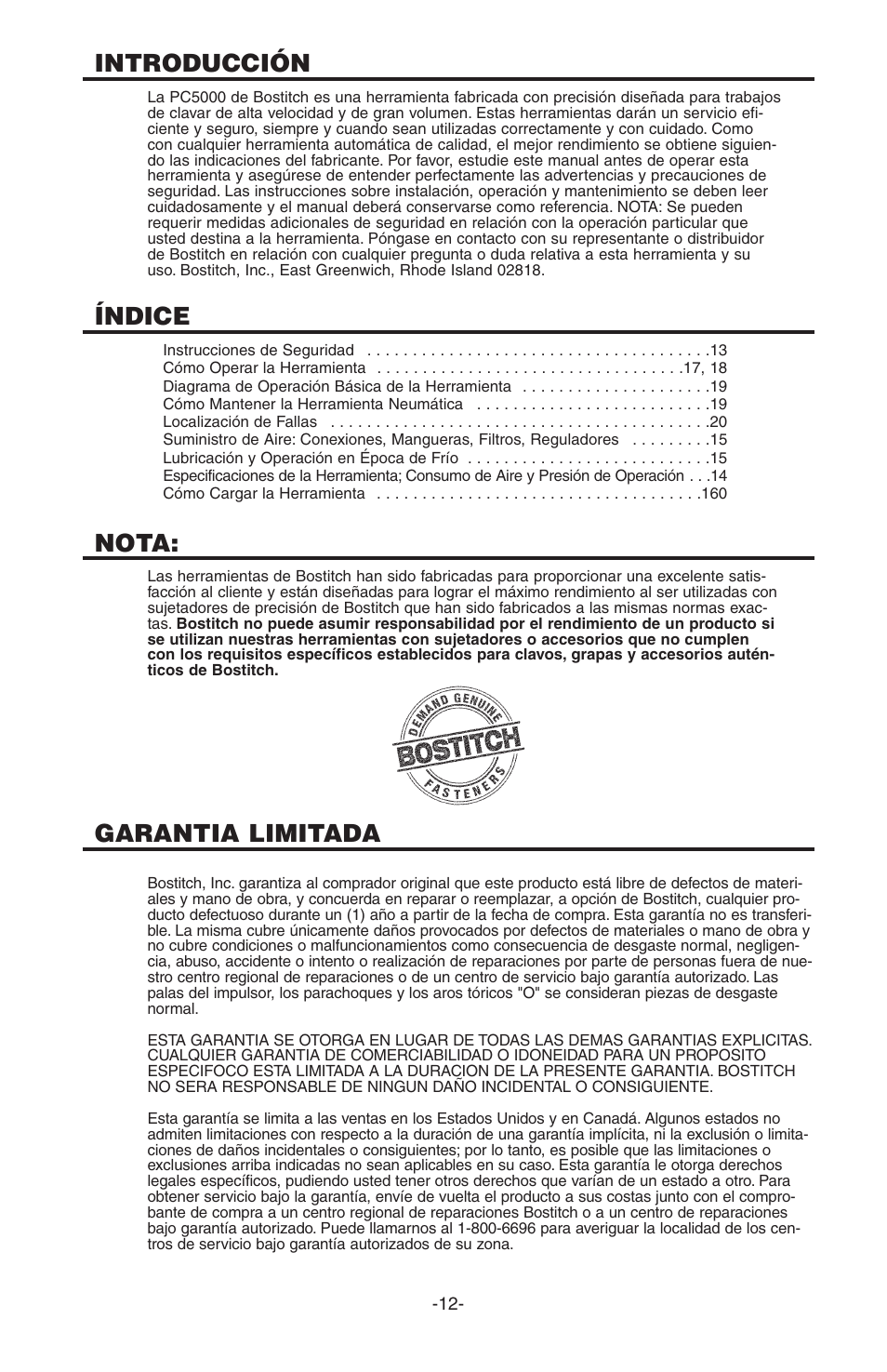 Introducción, Índice, Nota | Garantia limitada | Bostitch PC5000 User Manual | Page 12 / 32