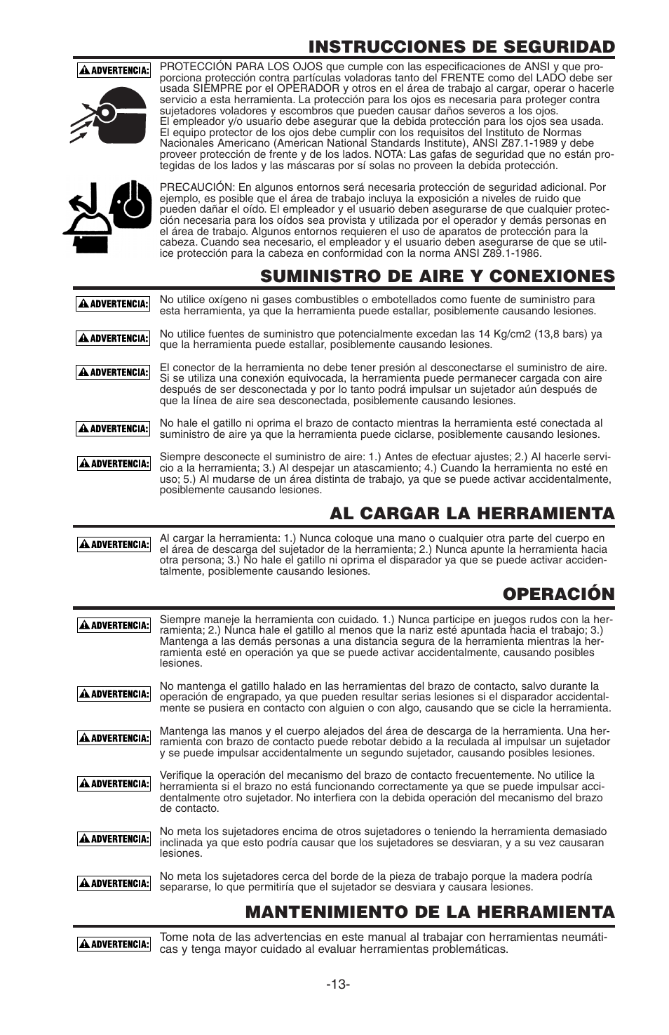 Instrucciones de seguridad, Suministro de aire y conexiones, Al cargar la herramienta | Operación, Mantenimiento de la herramienta | Bostitch PC5000 User Manual | Page 13 / 32