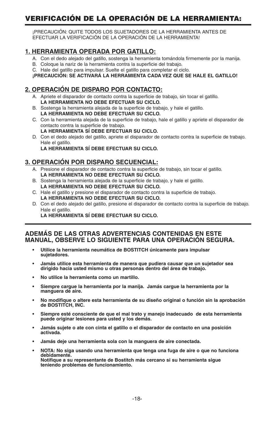 Verificación de la operación de la herramienta, Herramienta operada por gatillo, Operación de disparo por contacto | Operación por disparo secuencial | Bostitch PC5000 User Manual | Page 18 / 32