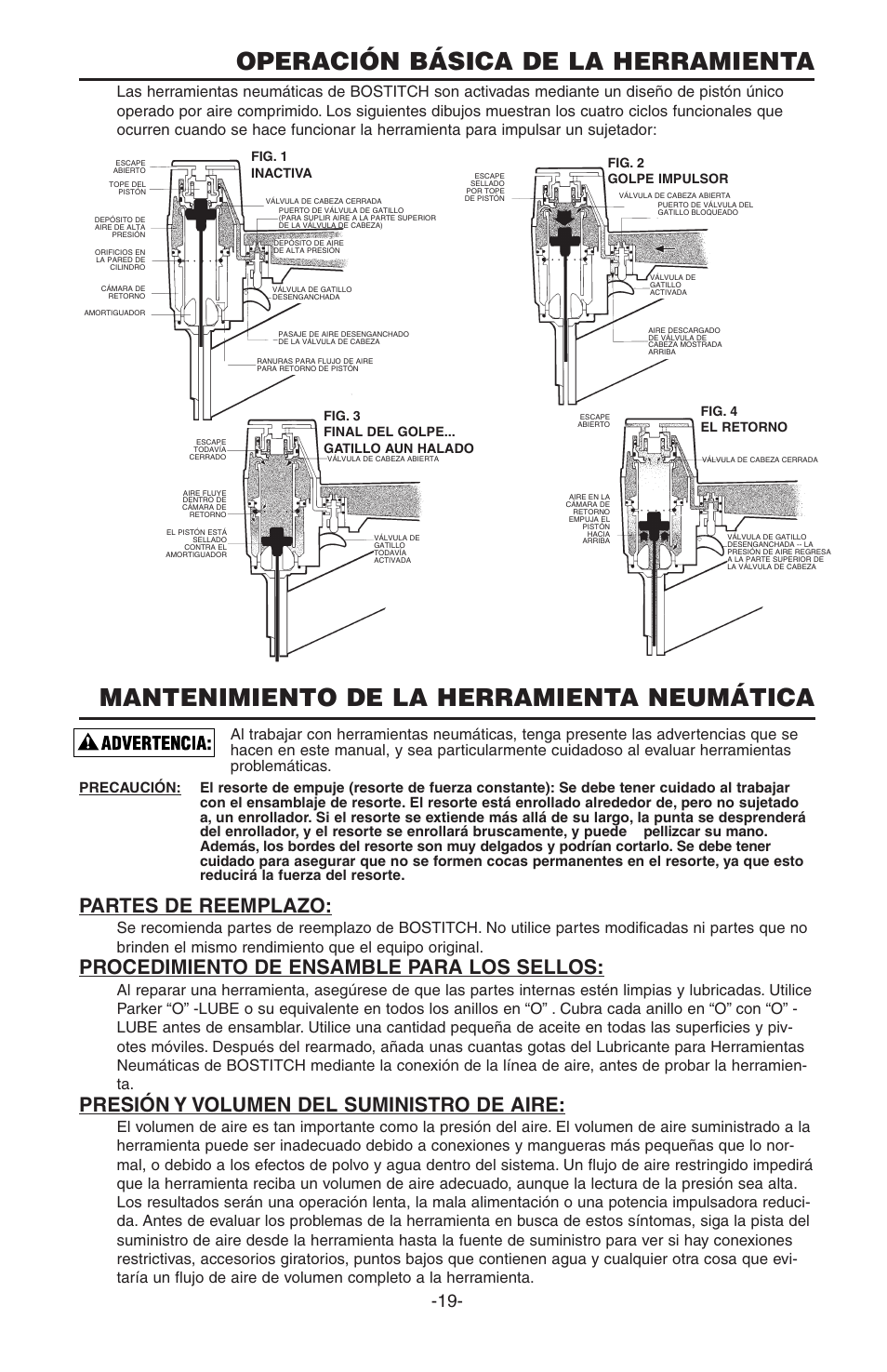 Operación básica de la herramienta, Mantenimiento de la herramienta neumática, Partes de reemplazo | Procedimiento de ensamble para los sellos, Presión y volumen del suministro de aire, Fig. 1 inactiva, Fig. 2 golpe impulsor | Bostitch PC5000 User Manual | Page 19 / 32