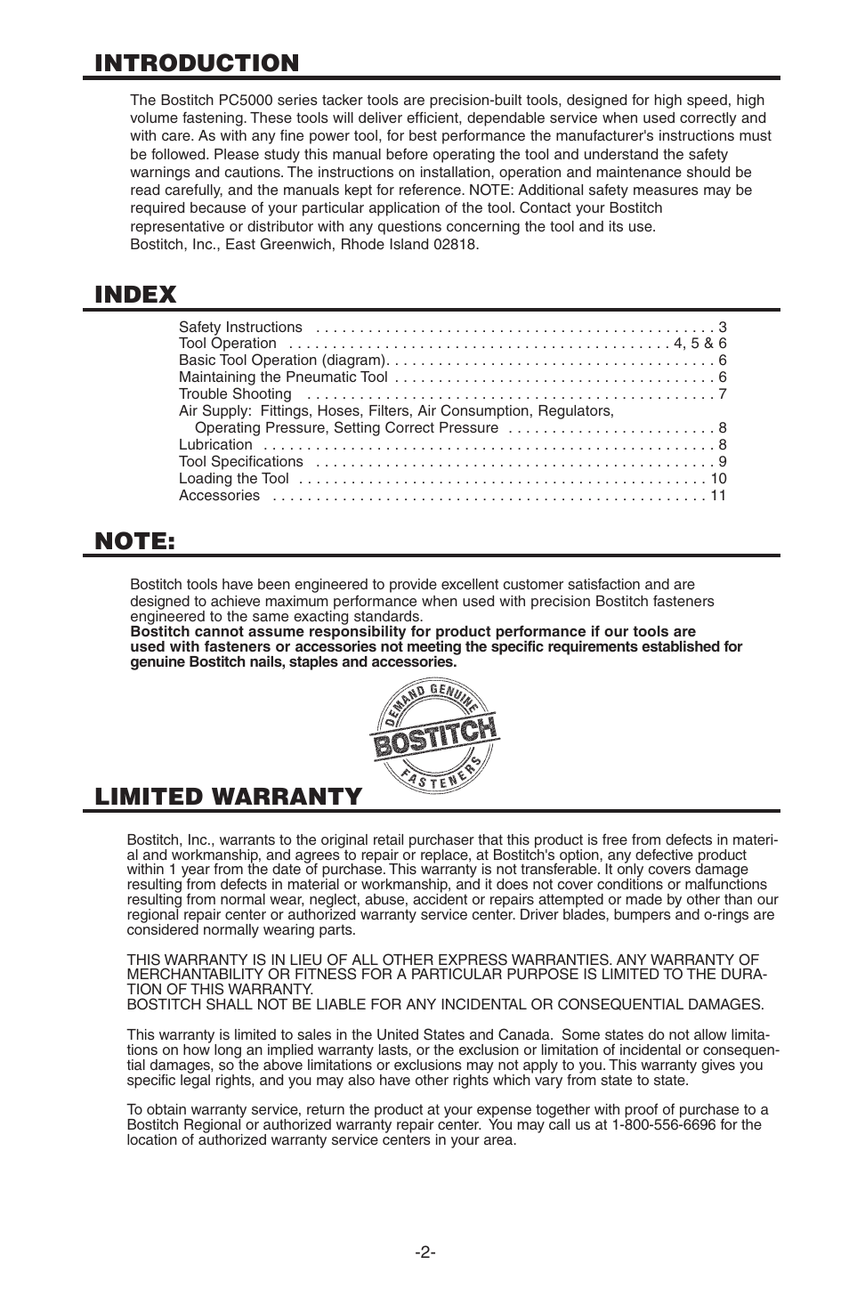 Introduction, Index, Limited warranty | Bostitch PC5000 User Manual | Page 2 / 32