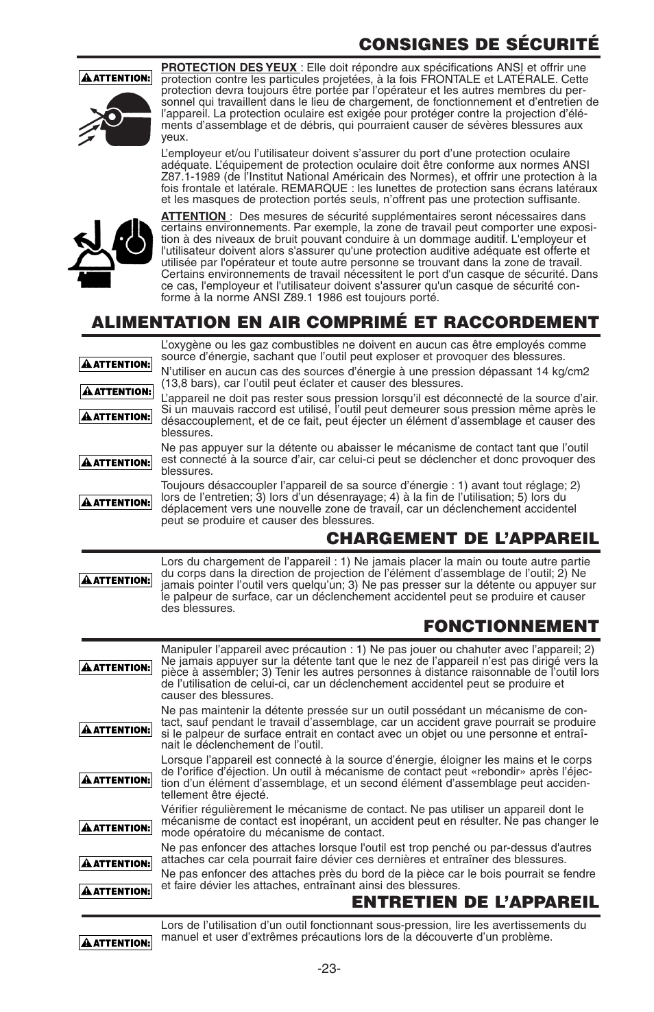Consignes de sécurité, Alimentation en air comprimé et raccordement, Chargement de l’appareil | Fonctionnement, Entretien de l’appareil | Bostitch PC5000 User Manual | Page 23 / 32