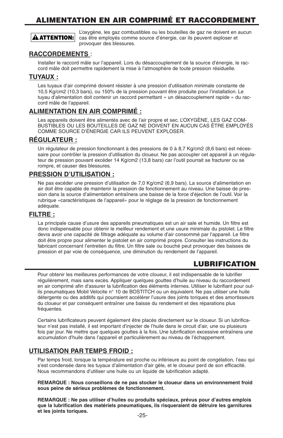 Alimentation en air comprimé et raccordement, Lubrification | Bostitch PC5000 User Manual | Page 25 / 32