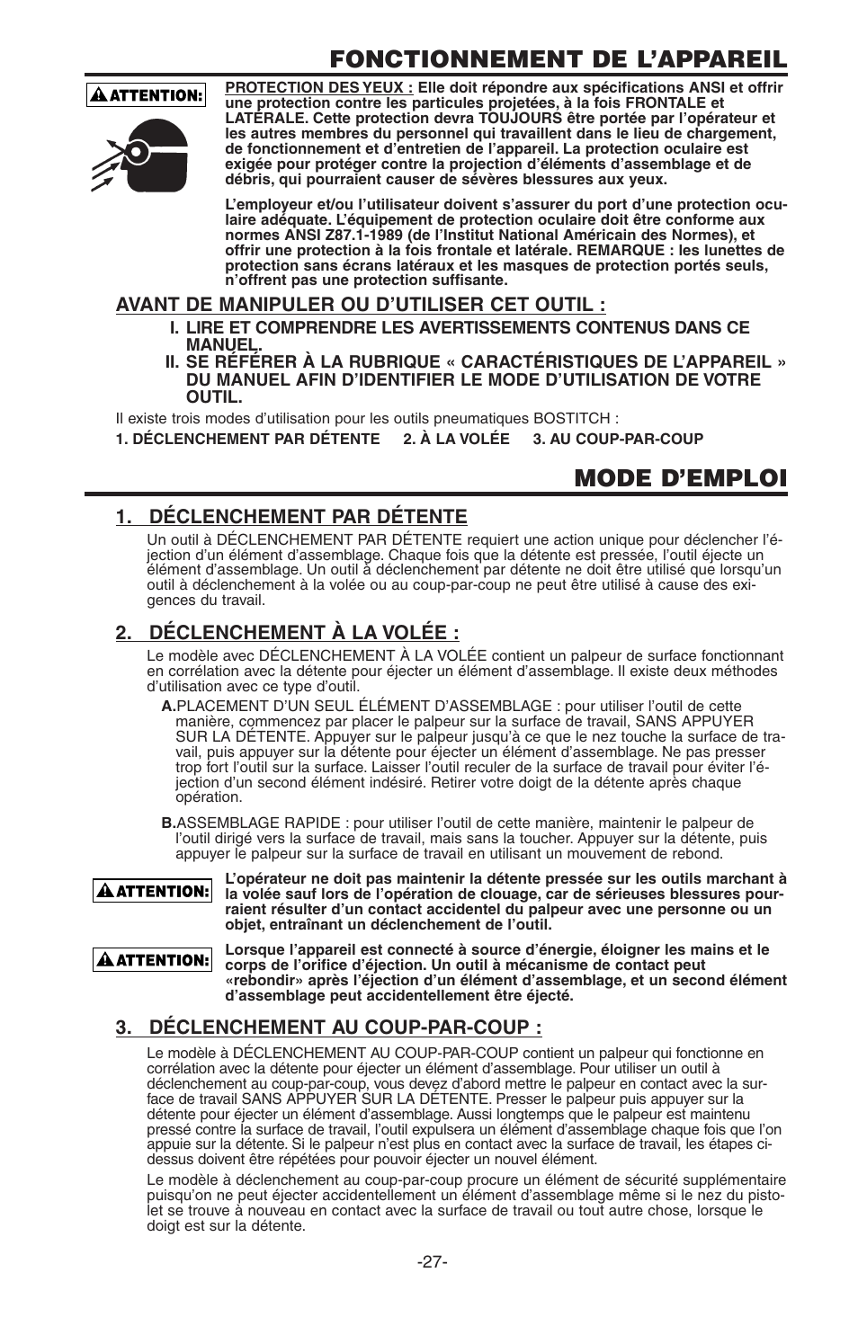 Fonctionnement de l’appareil, Mode d’emploi | Bostitch PC5000 User Manual | Page 27 / 32