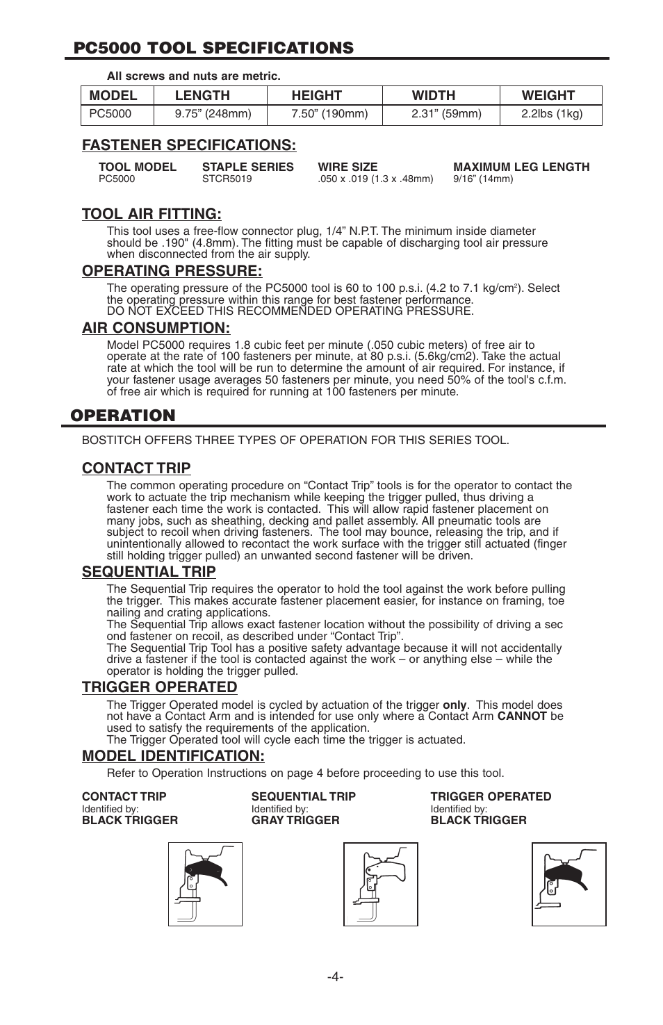 Pc5000 tool specifications, Operation, Fastener specifications: tool air fitting | Operating pressure, Air consumption, Contact trip, Sequential trip, Trigger operated, Model identification | Bostitch PC5000 User Manual | Page 4 / 32