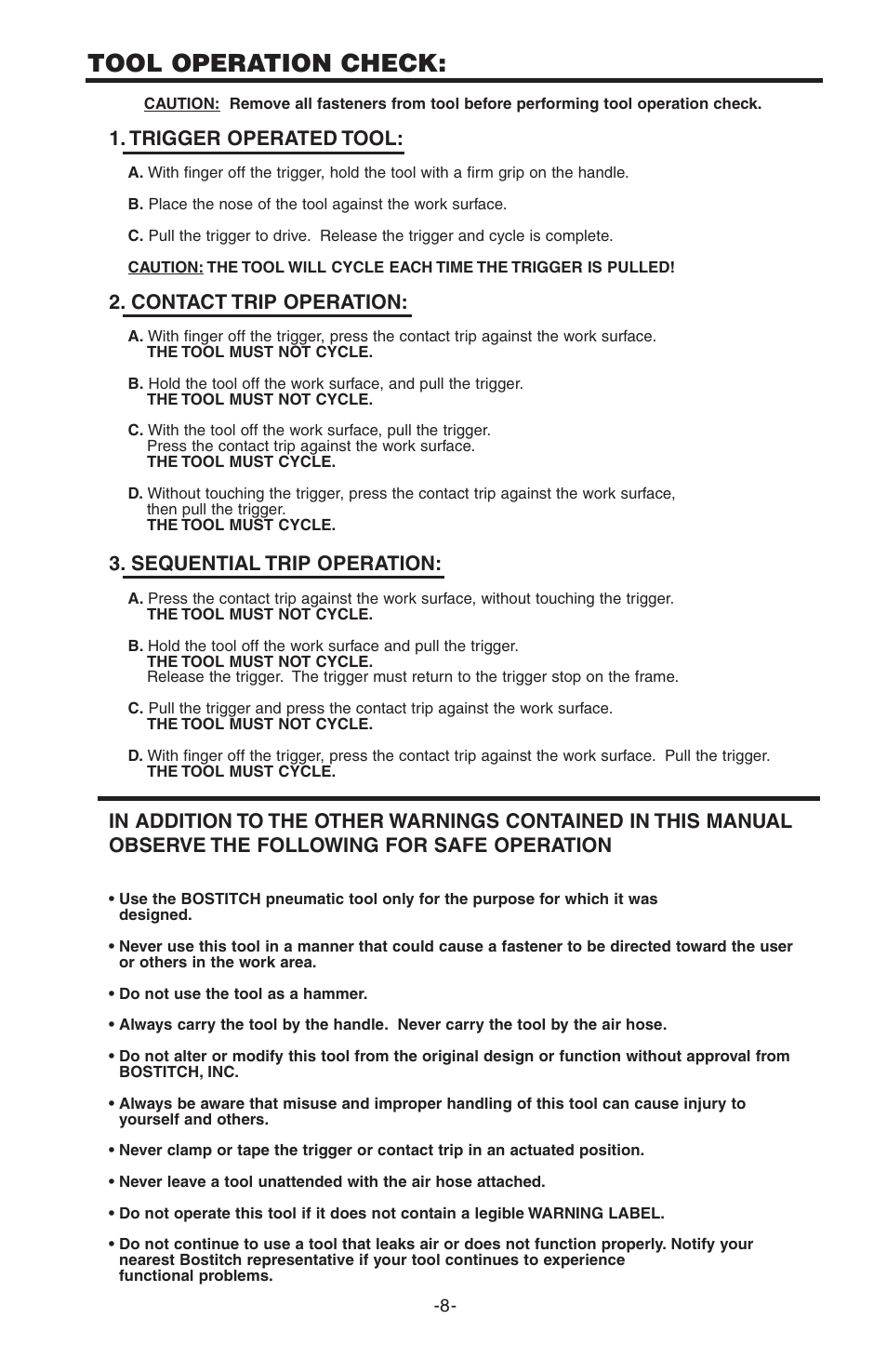 Tool operation check, Trigger operated tool, Contact trip operation | Sequential trip operation | Bostitch PC5000 User Manual | Page 8 / 32