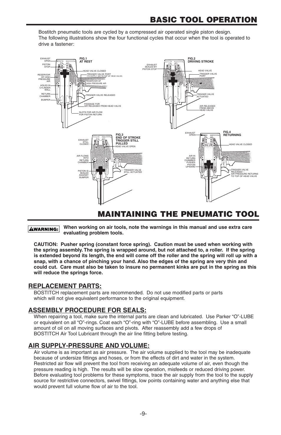 Basic tool operation, Maintaining the pneumatic tool, Replacement parts | Assembly procedure for seals, Air supply-pressure and volume | Bostitch PC5000 User Manual | Page 9 / 32