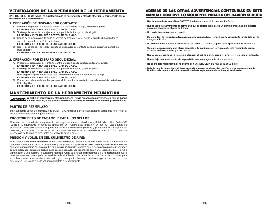 Mantenimiento de la herramienta neumática, Verificación de la operación de la herramienta | Bostitch N400C User Manual | Page 10 / 16