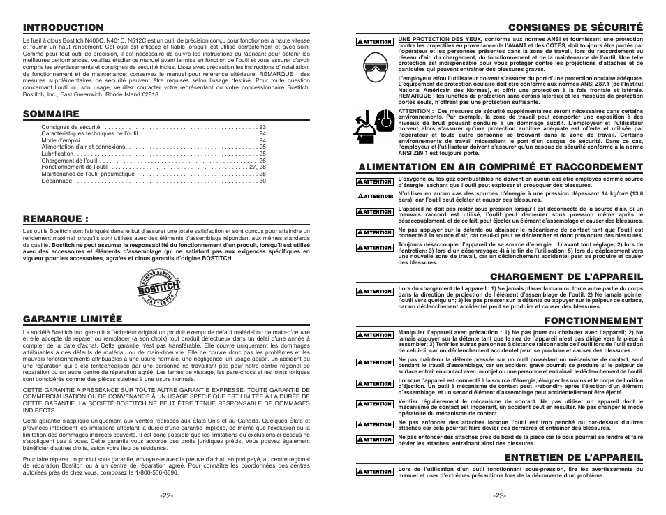 Consignes de sécurité, Alimentation en air comprimé et raccordement, Chargement de l’appareil | Fonctionnement, Entretien de l’appareil, Introduction, Sommaire, Remarque, Garantie limitée | Bostitch N400C User Manual | Page 12 / 16