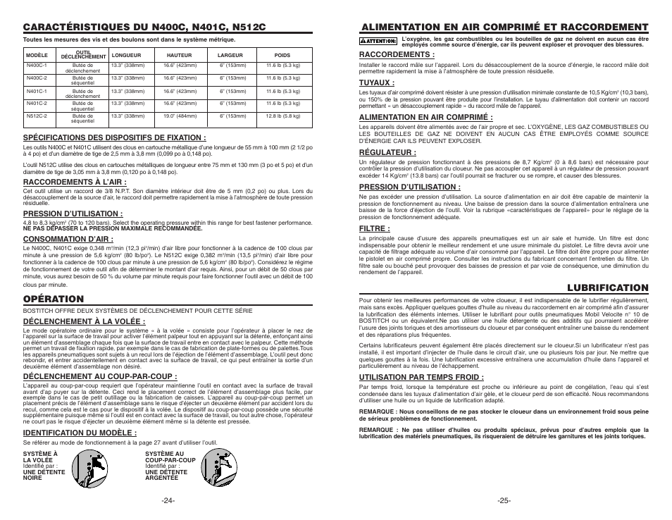 Opération, Alimentation en air comprimé et raccordement, Lubrification | Bostitch N400C User Manual | Page 13 / 16