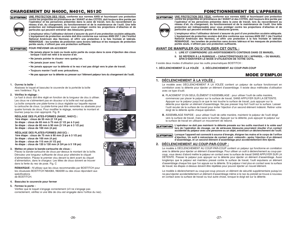 Fonctionnement de l’appareil, Mode d’emploi | Bostitch N400C User Manual | Page 14 / 16