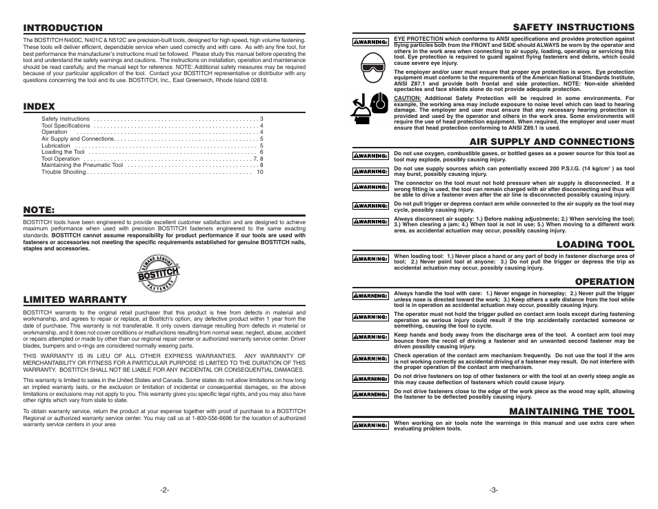 Safety instructions, Air supply and connections, Loading tool | Operation, Maintaining the tool, Introduction, Index, Limited warranty | Bostitch N400C User Manual | Page 2 / 16