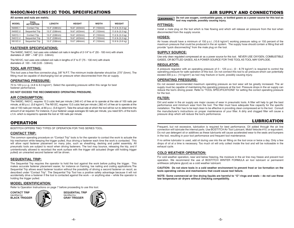 Air supply and connections, Lubrication, Operation | Bostitch N400C User Manual | Page 3 / 16