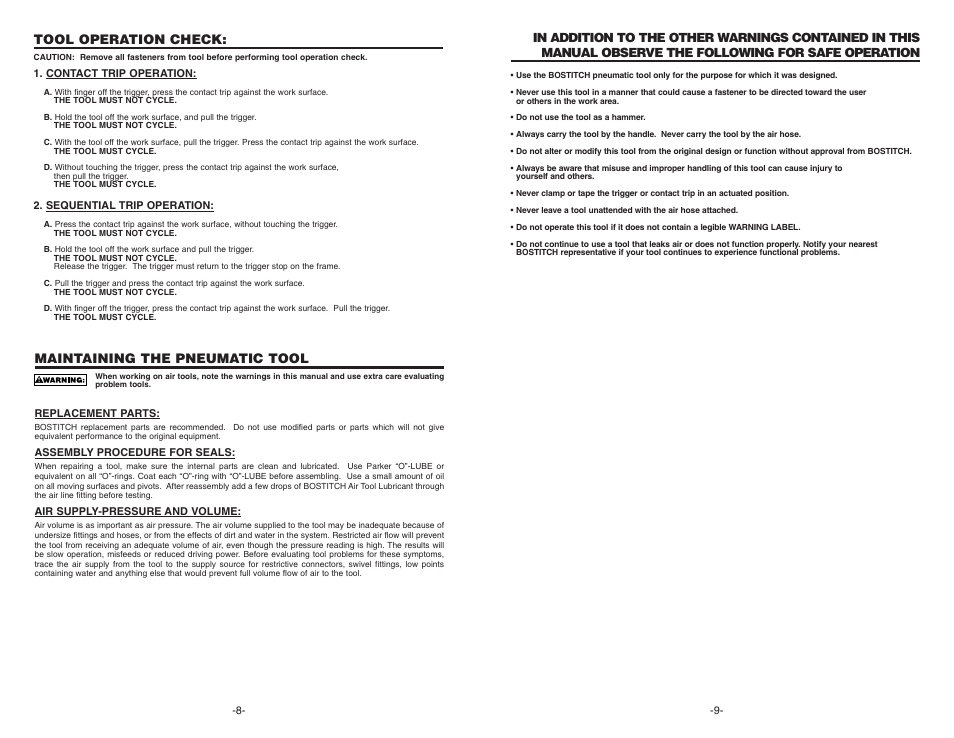 Maintaining the pneumatic tool, Tool operation check | Bostitch N400C User Manual | Page 5 / 16