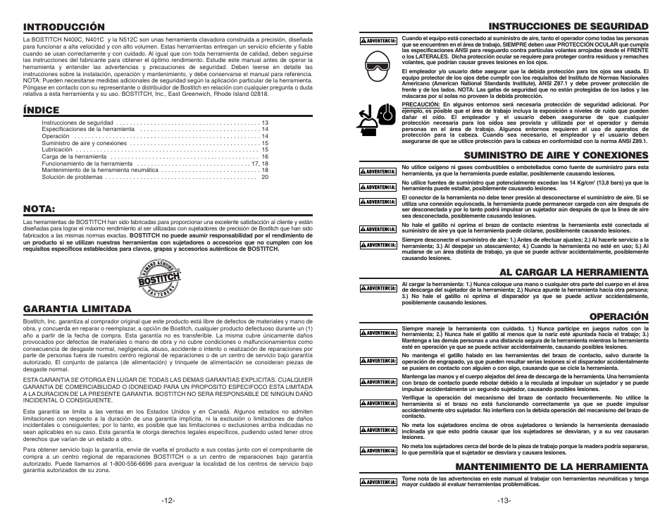 Instrucciones de seguridad, Suministro de aire y conexiones, Al cargar la herramienta | Operación, Mantenimiento de la herramienta, Introducción, Índice, Nota, Garantia limitada | Bostitch N400C User Manual | Page 7 / 16