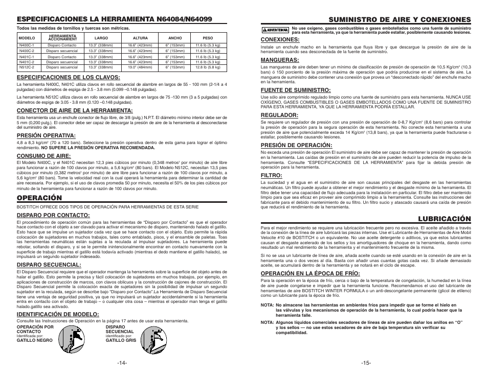 Operación, Suministro de aire y conexiones, Lubricación | Bostitch N400C User Manual | Page 8 / 16