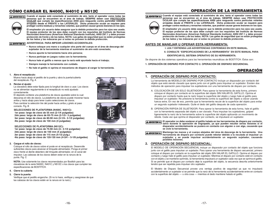 Operación de la herramienta, Operación | Bostitch N400C User Manual | Page 9 / 16