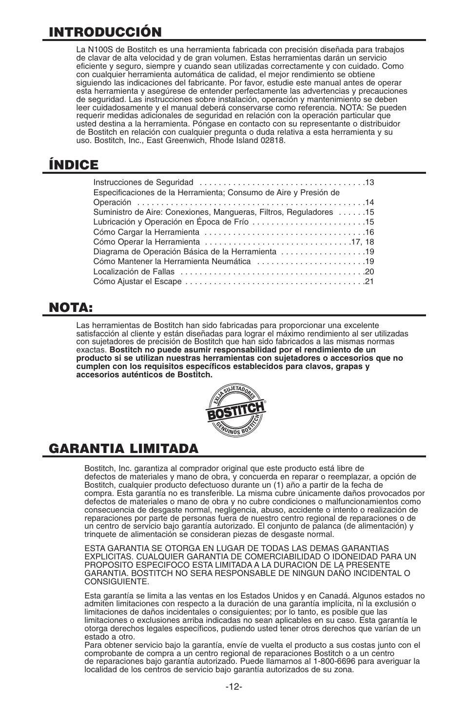 Introducción, Índice, Nota | Garantia limitada | Bostitch N100S User Manual | Page 12 / 32