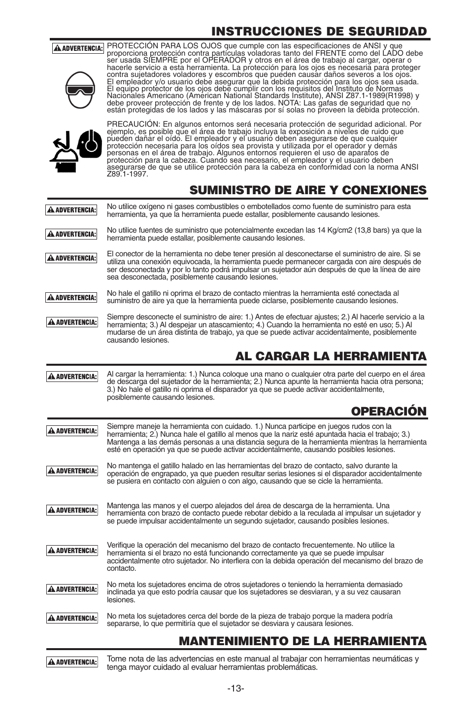 Instrucciones de seguridad, Suministro de aire y conexiones, Al cargar la herramienta | Operación, Mantenimiento de la herramienta | Bostitch N100S User Manual | Page 13 / 32