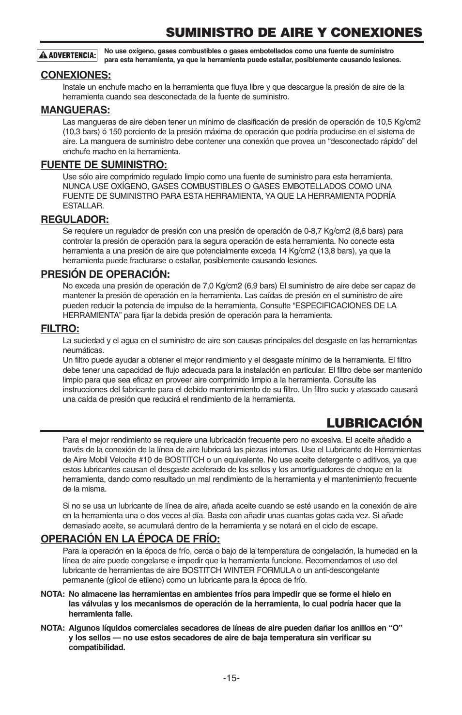 Suministro de aire y conexiones, Lubricación | Bostitch N100S User Manual | Page 15 / 32