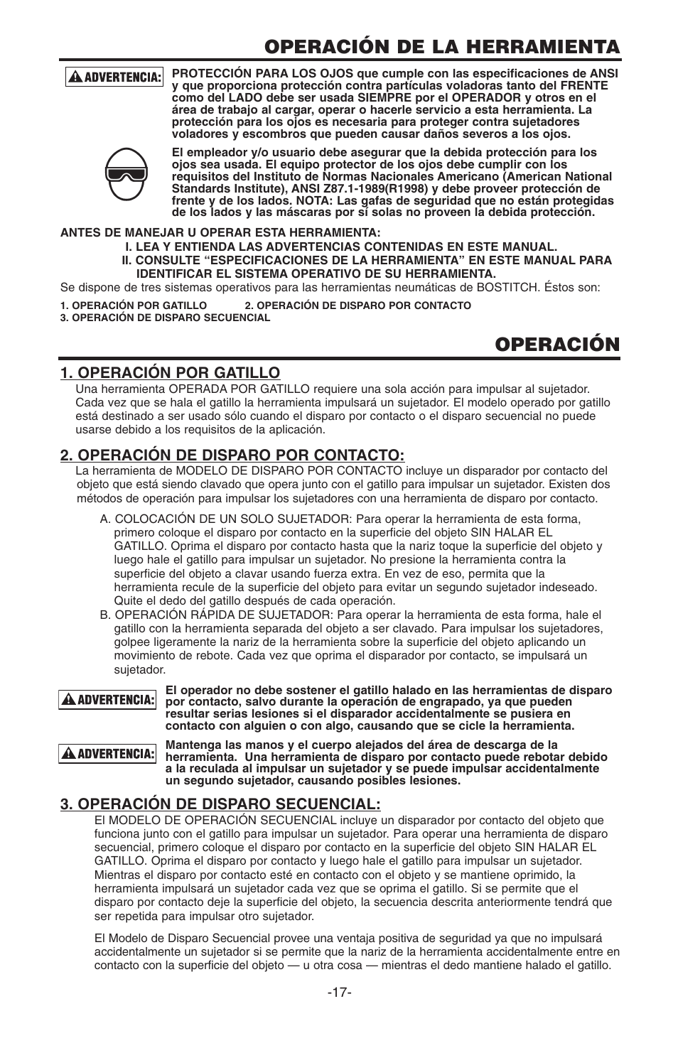 Operación de la herramienta, Operación, Operación por gatillo | Operación de disparo por contacto, Operación de disparo secuencial | Bostitch N100S User Manual | Page 17 / 32