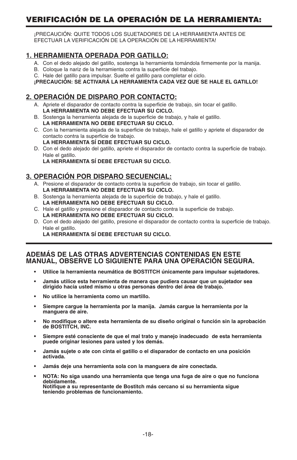 Verificación de la operación de la herramienta, Herramienta operada por gatillo, Operación de disparo por contacto | Operación por disparo secuencial | Bostitch N100S User Manual | Page 18 / 32