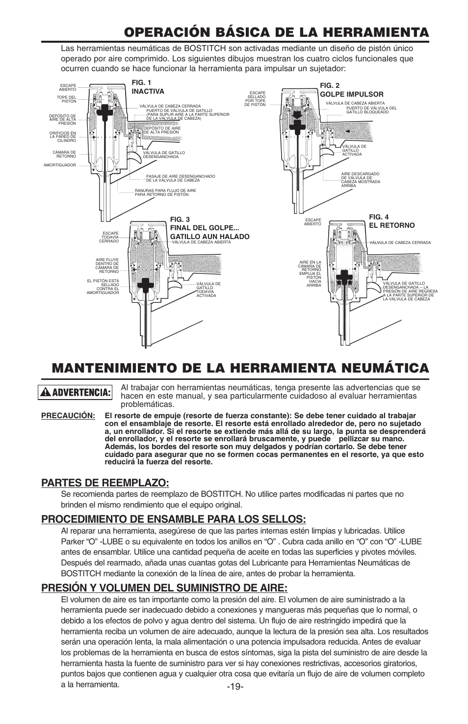 Operación básica de la herramienta, Mantenimiento de la herramienta neumática, Partes de reemplazo | Procedimiento de ensamble para los sellos, Presión y volumen del suministro de aire, Fig. 1 inactiva, Fig. 2 golpe impulsor | Bostitch N100S User Manual | Page 19 / 32
