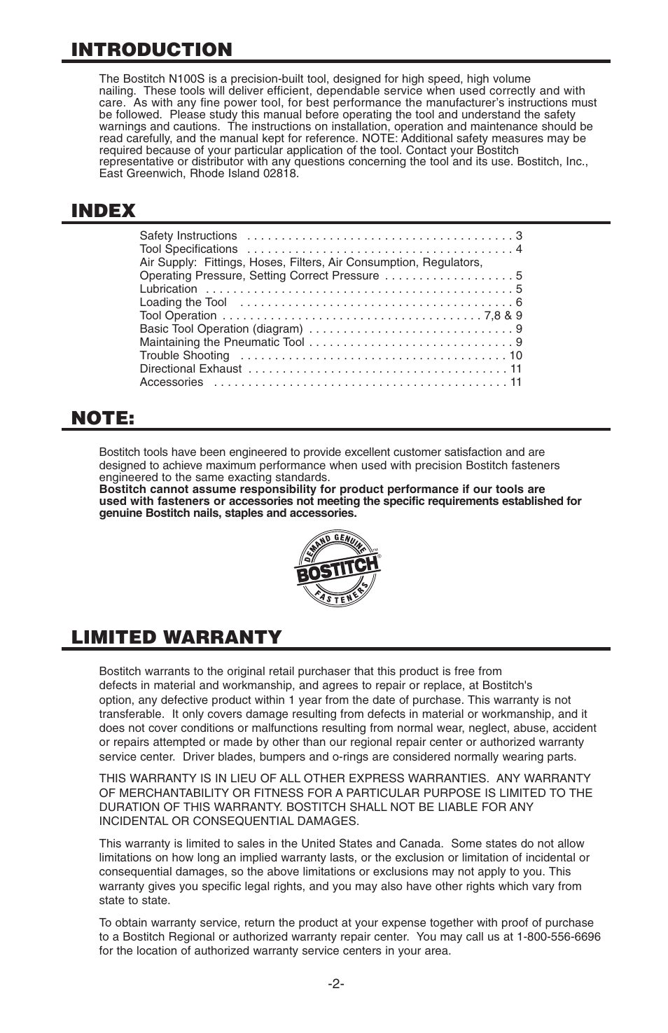 Introduction, Index, Limited warranty | Bostitch N100S User Manual | Page 2 / 32