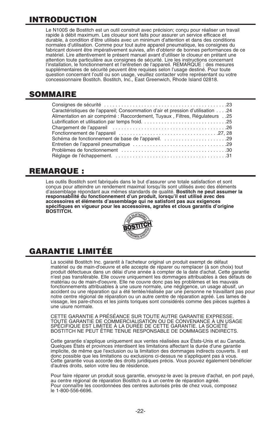 Introduction, Sommaire, Remarque | Garantie limitée | Bostitch N100S User Manual | Page 22 / 32