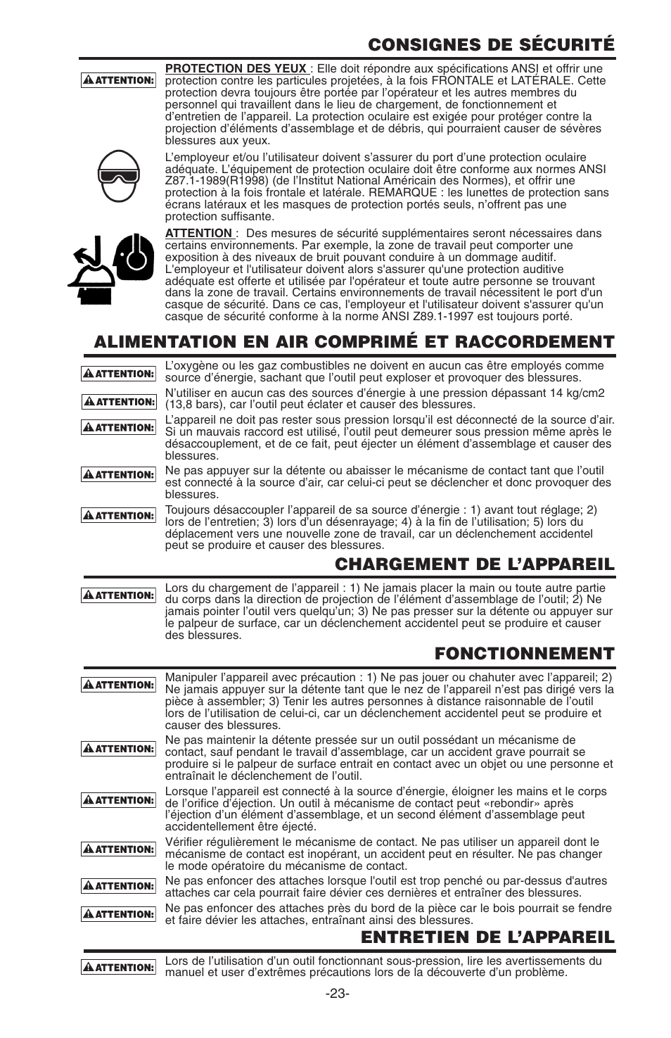 Consignes de sécurité, Alimentation en air comprimé et raccordement, Chargement de l’appareil | Fonctionnement, Entretien de l’appareil | Bostitch N100S User Manual | Page 23 / 32