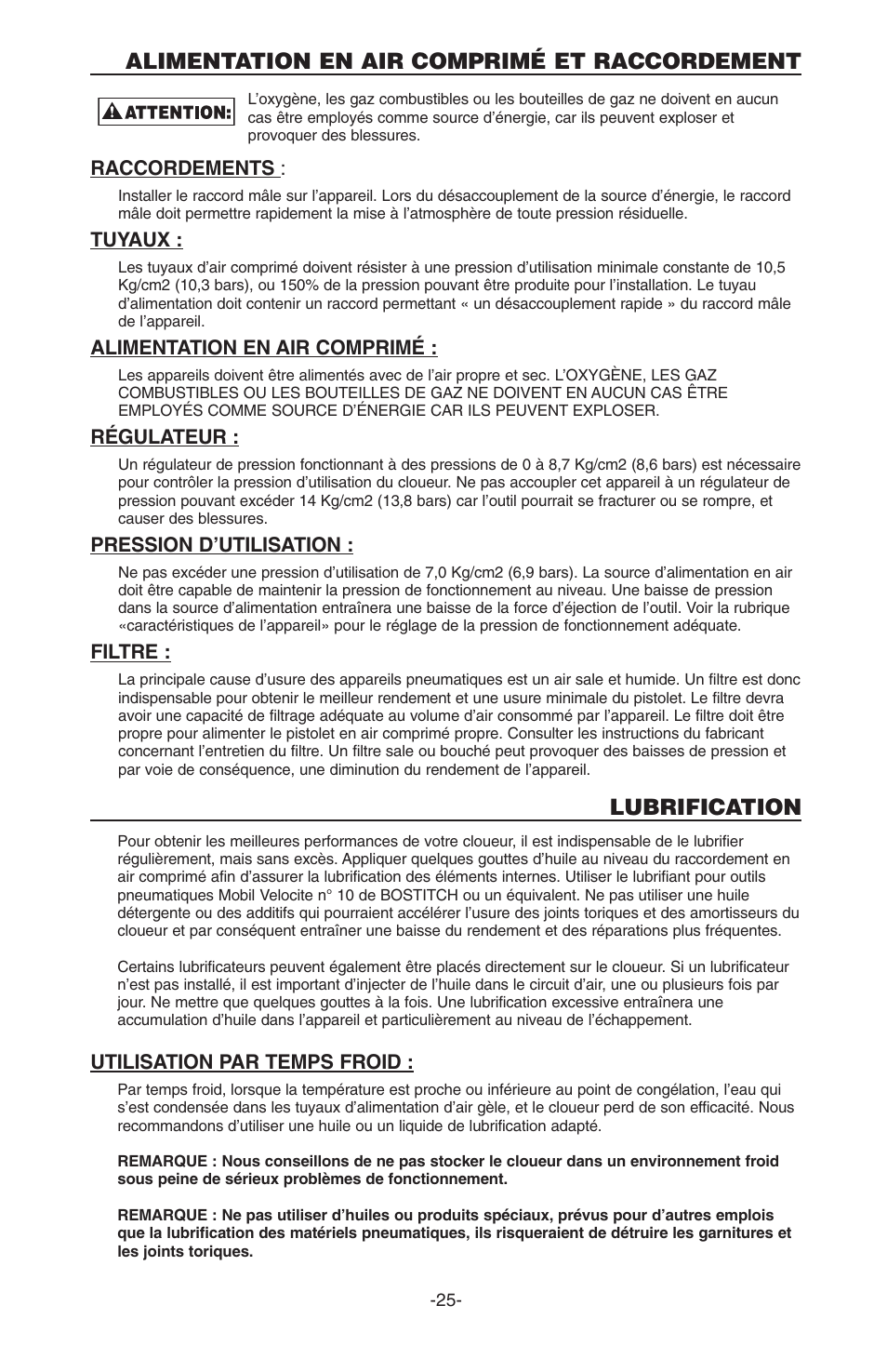 Alimentation en air comprimé et raccordement, Lubrification | Bostitch N100S User Manual | Page 25 / 32