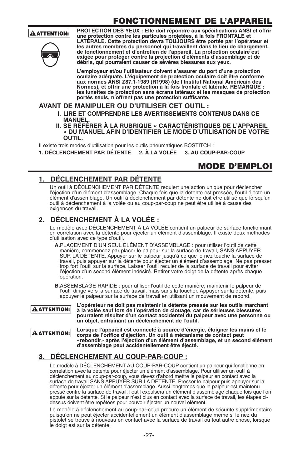 Fonctionnement de l’appareil, Mode d’emploi | Bostitch N100S User Manual | Page 27 / 32