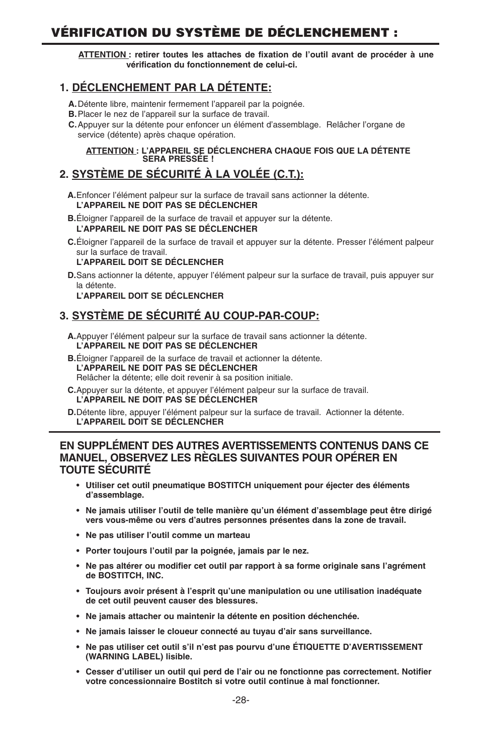Vérification du système de déclenchement, Déclenchement par la détente, Système de sécurité à la volée (c.t.) | Système de sécurité au coup-par-coup | Bostitch N100S User Manual | Page 28 / 32