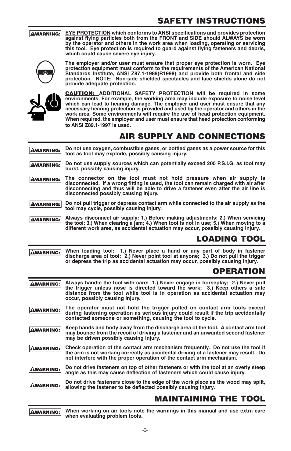 Safety instructions, Air supply and connections, Loading tool | Operation, Maintaining the tool | Bostitch N100S User Manual | Page 3 / 32