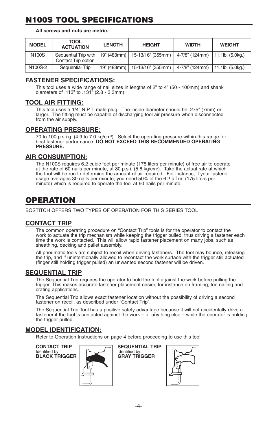 N100s tool specifications, Operation, Fastener specifications | Tool air fitting, Operating pressure, Air consumption, Contact trip, Sequential trip, Model identification | Bostitch N100S User Manual | Page 4 / 32